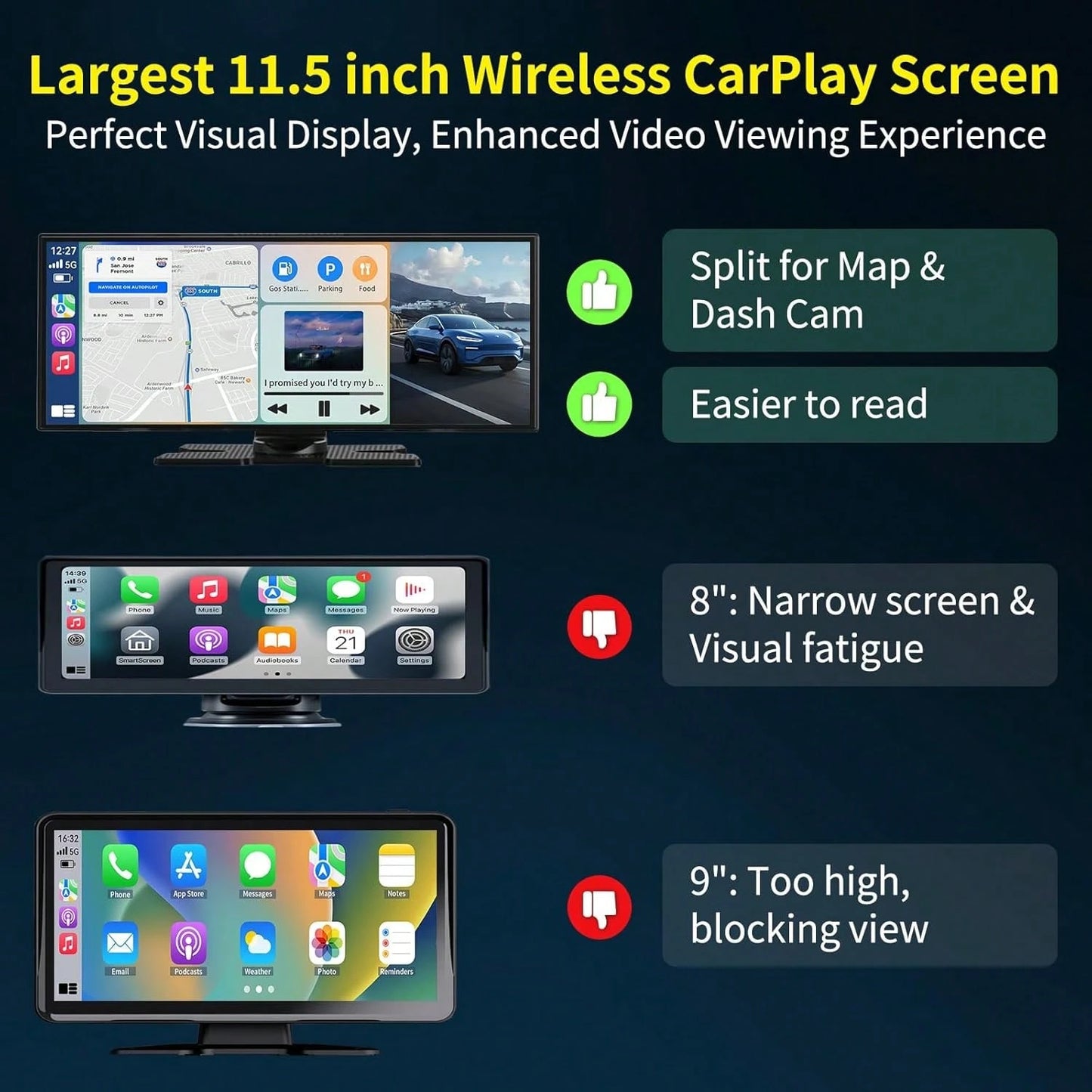 11.5INCH Double Din Car Stereo Wireless CarPlay Wireless Android Auto, Android 2+64G Touchscreen Car Radio Head Unit With Bluetooth 4.0, DSP, WiFi, HDCamera, Haudio