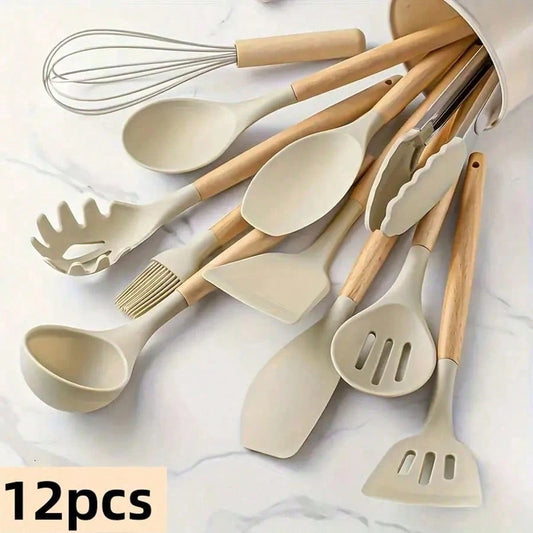 12-Piece Luxury Silicone Kitchen Cooking Utensils Set With Wooden Handles, Egg Beater, Brush Pliers, Heat-Resistant And Non-Stick Cookware, Essential Kitchen Small Tools, Healthy, Khaki Color