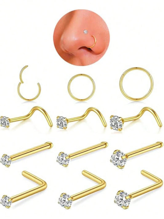 12pcs Gold Nose Stud Set, CZ Earrings & Open Clip-On Nose Rings, 316L Stainless Steel Hypoallergenic Nose Jewelry, Suitable For Daily & Festival Wear, Unisex