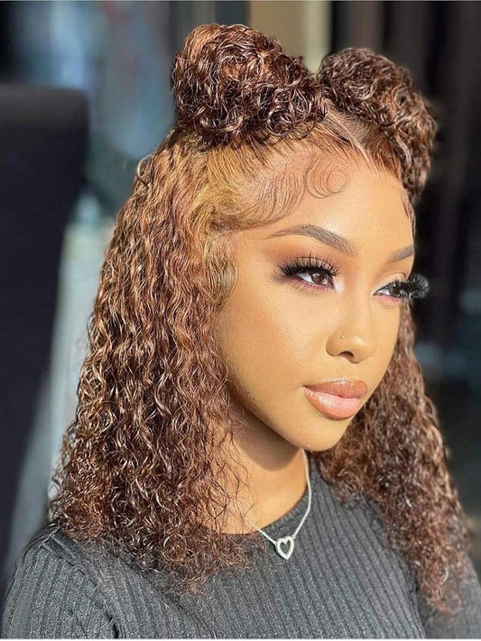 13x4 Deep Wave Lace Front Wig, P4/27 Honey Blonde HD Transparent Swiss Lace, 250% Density Pre-Plucked Natural Hairline, Brazilian Human Hair Short Bob Wig For Women