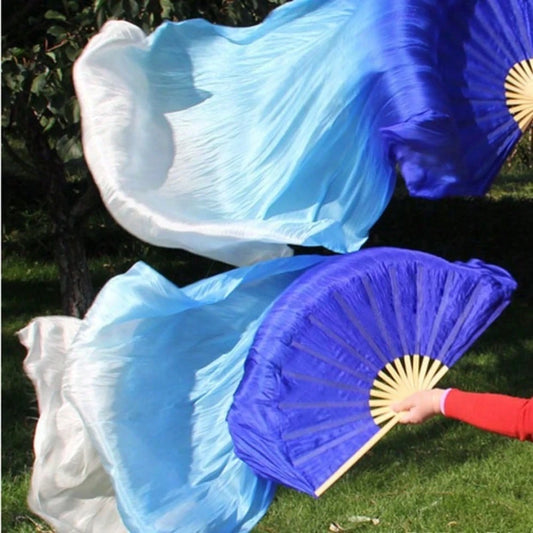 150cm/59.05in Gradually Changing Blue And White Dancing Long Silk Fan. Adult Square Dance Fan. Elegant Silk Fabric + Reinforced Fan Frame. Props For Classical Dance/ Dance Performances.