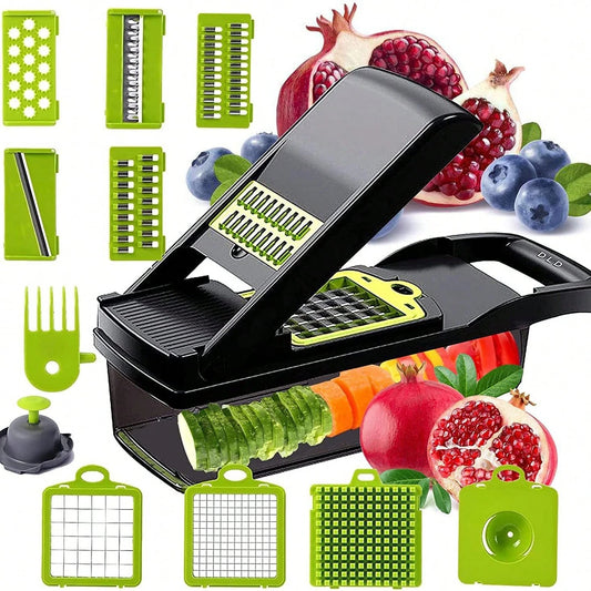 16-In-1 Multifunctional Manual Vegetable Chopper With 8 Blades, Container & Lid, Multi-Purpose Kitchen Slicer Dicer Cutter For Onion Potato Fruit Food Prep Gadget