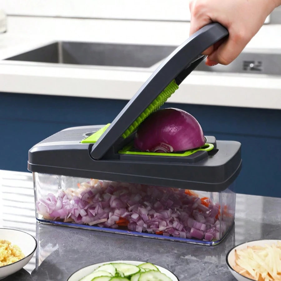 16-In-1 Multifunctional Manual Vegetable Chopper With 8 Blades, Container & Lid, Multi-Purpose Kitchen Slicer Dicer Cutter For Onion Potato Fruit Food Prep Gadget