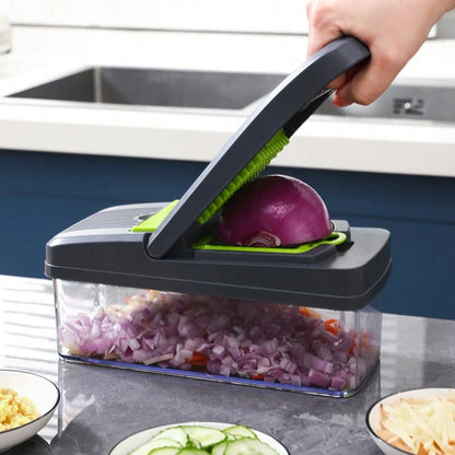 16-In-1 Multifunctional Manual Vegetable Chopper With 8 Blades, Container & Lid, Multi-Purpose Kitchen Slicer Dicer Cutter For Onion Potato Fruit Food Prep Gadget