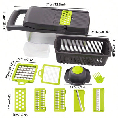 16-In-1 Multifunctional Manual Vegetable Chopper With 8 Blades, Container & Lid, Multi-Purpose Kitchen Slicer Dicer Cutter For Onion Potato Fruit Food Prep Gadget