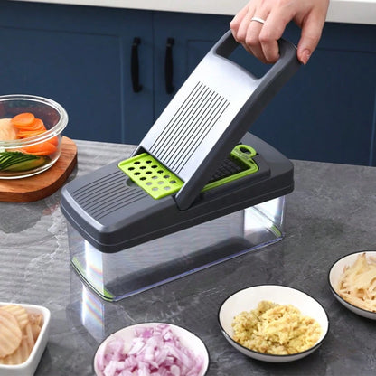16-In-1 Multifunctional Manual Vegetable Chopper With 8 Blades, Container & Lid, Multi-Purpose Kitchen Slicer Dicer Cutter For Onion Potato Fruit Food Prep Gadget