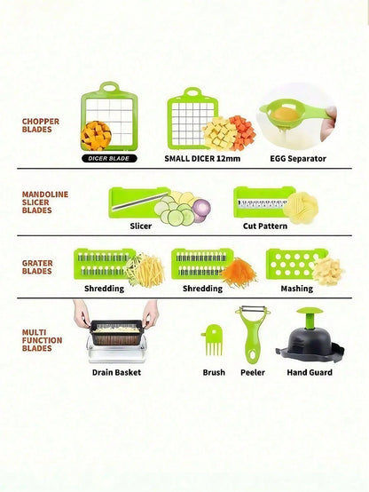 16pcs Complete Set Manual Food Chopper Slicer Dicer, Versatile Vegetable Cutter For Salads, Interchangeable Blades For Onion, Potato, Kitchen Utensils