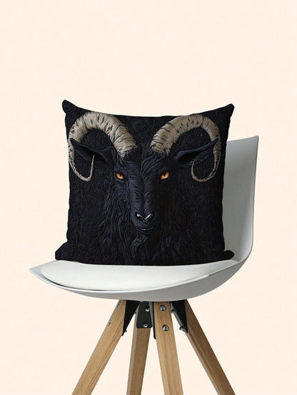 1pc 2D Flat Printing Vintage Style Goat Design Pillowcase, Non-Real Embroidery 18x18 Inches, Short Plush Polyester, Single-Side Print, Zipper Closure, Machine Washable, For Car, Home, Room, Party Deco