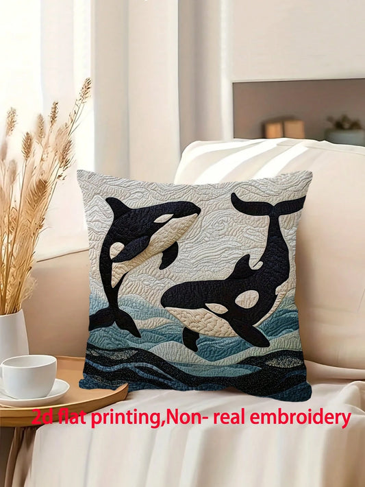 1pc, 2D Ocean Style 45.72X45.72 Cm Short Plush Pillowcase With California Orca, Suitable For Sofa And Bedroom Decor Without Embroidery- No Embroidery
