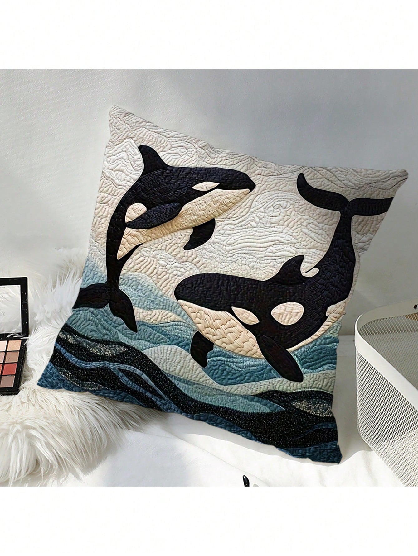 1pc, 2D Ocean Style 45.72X45.72 Cm Short Plush Pillowcase With California Orca, Suitable For Sofa And Bedroom Decor Without Embroidery- No Embroidery