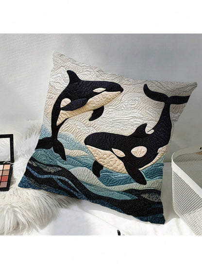 1pc, 2D Ocean Style 45.72X45.72 Cm Short Plush Pillowcase With California Orca, Suitable For Sofa And Bedroom Decor Without Embroidery- No Embroidery