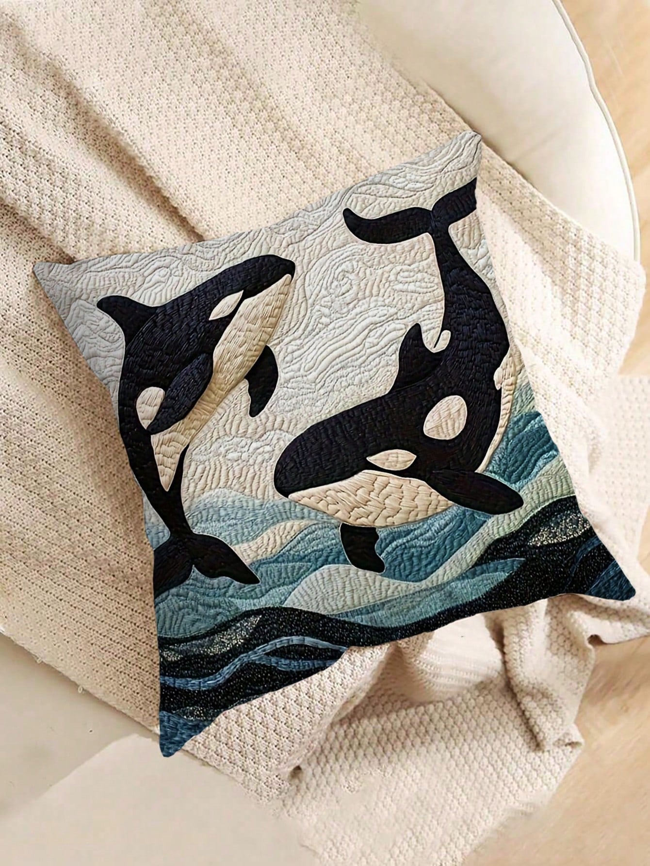 1pc, 2D Ocean Style 45.72X45.72 Cm Short Plush Pillowcase With California Orca, Suitable For Sofa And Bedroom Decor Without Embroidery- No Embroidery