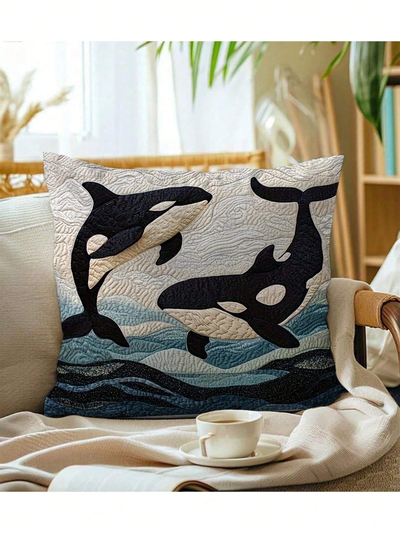 1pc, 2D Ocean Style 45.72X45.72 Cm Short Plush Pillowcase With California Orca, Suitable For Sofa And Bedroom Decor Without Embroidery- No Embroidery