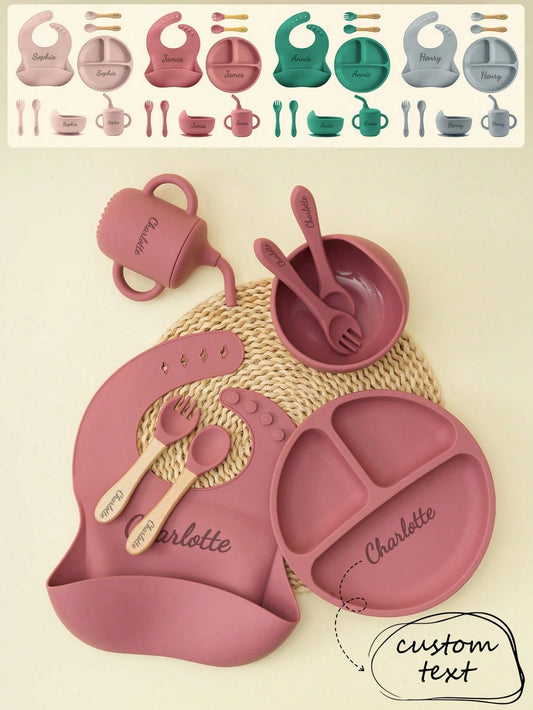 1pc/2PCS/8PCS Custom Bowl Plate Dishes Name Baby Bib Soft Spoons And Forks Solid Color Baby Sippy Cup, Baby Shower Gift
