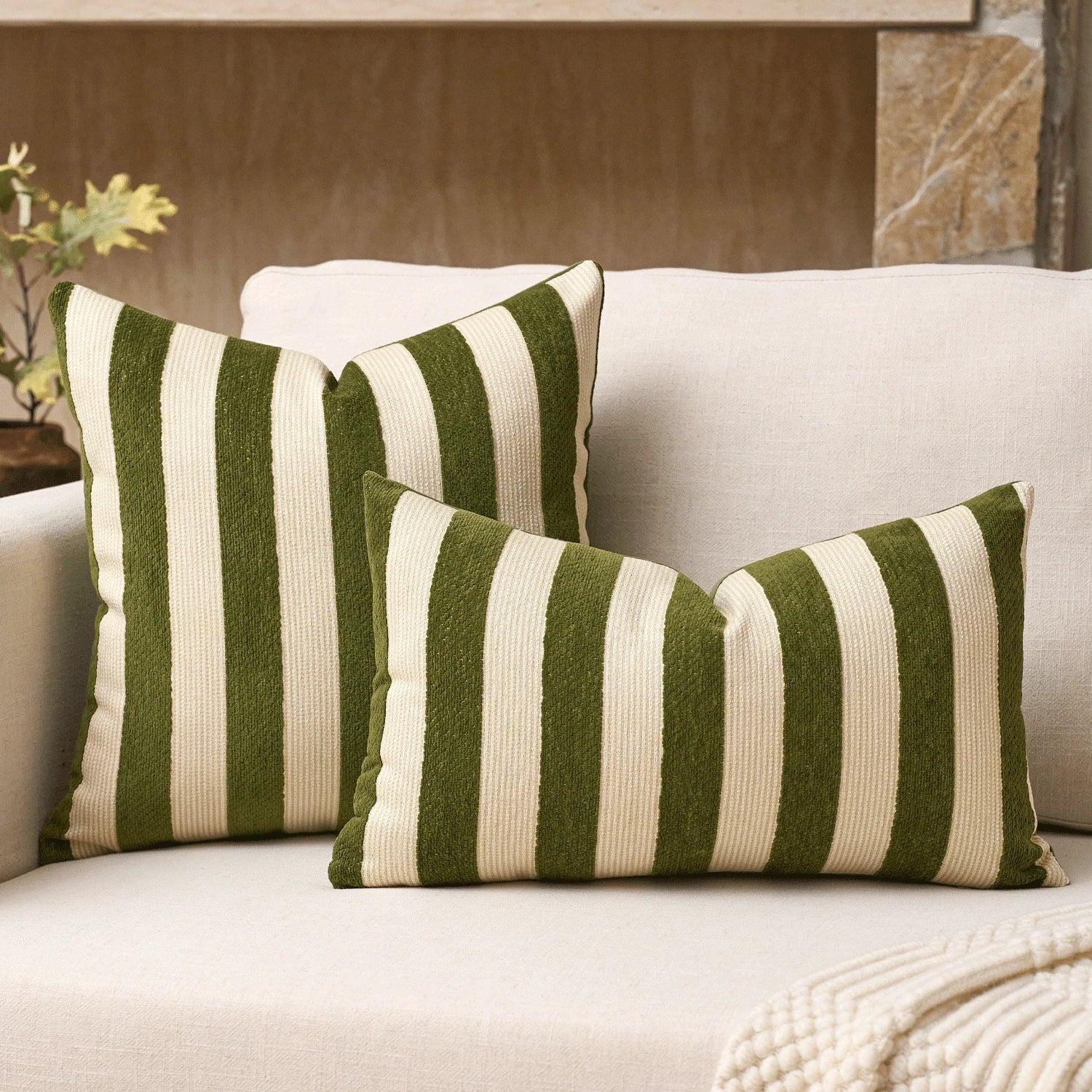 1pc/2pcs Beige-Camel Striped Chenille Decorative Throw Pillow Cover, Soft Modern Abstract Bohemian Style Home Decor Cushion For Sofa, Bedroom, Living Room, All Seasons, Also Suitable As Gift
