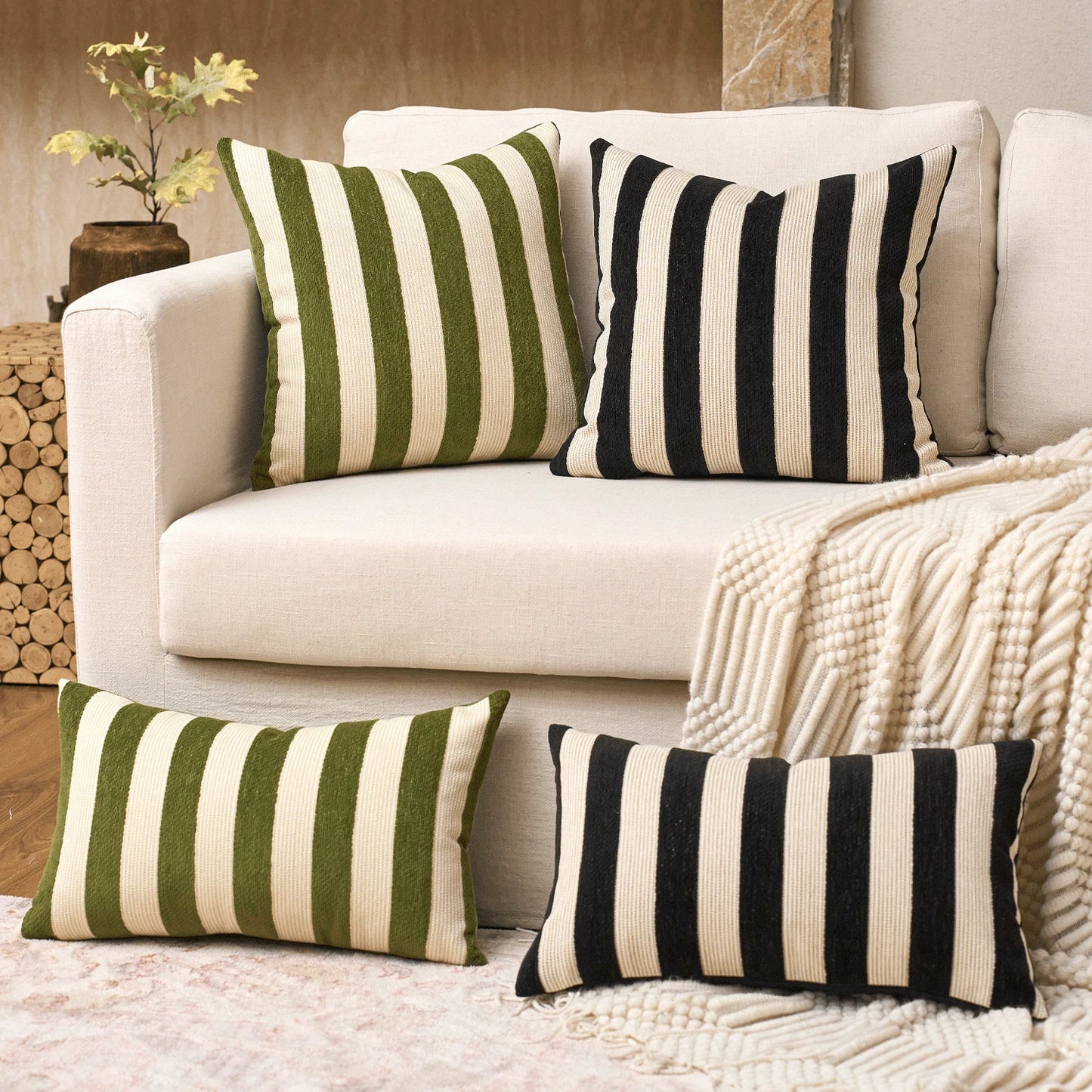 1pc/2pcs Beige-Camel Striped Chenille Decorative Throw Pillow Cover, Soft Modern Abstract Bohemian Style Home Decor Cushion For Sofa, Bedroom, Living Room, All Seasons, Also Suitable As Gift