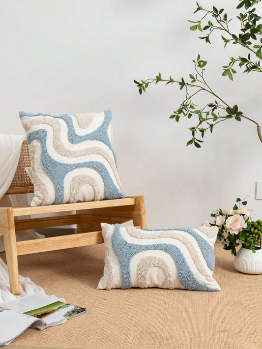 1pc/2pcs Blue & White Geometric Line Flannel Embroidered Pillow Cover, Canvas Fabric, Nordic Style, Living Room, Bedroom, Sofa, Car Waist, Headboard Cushion, Holiday Party Decor, No Pillow Insert, 30*
