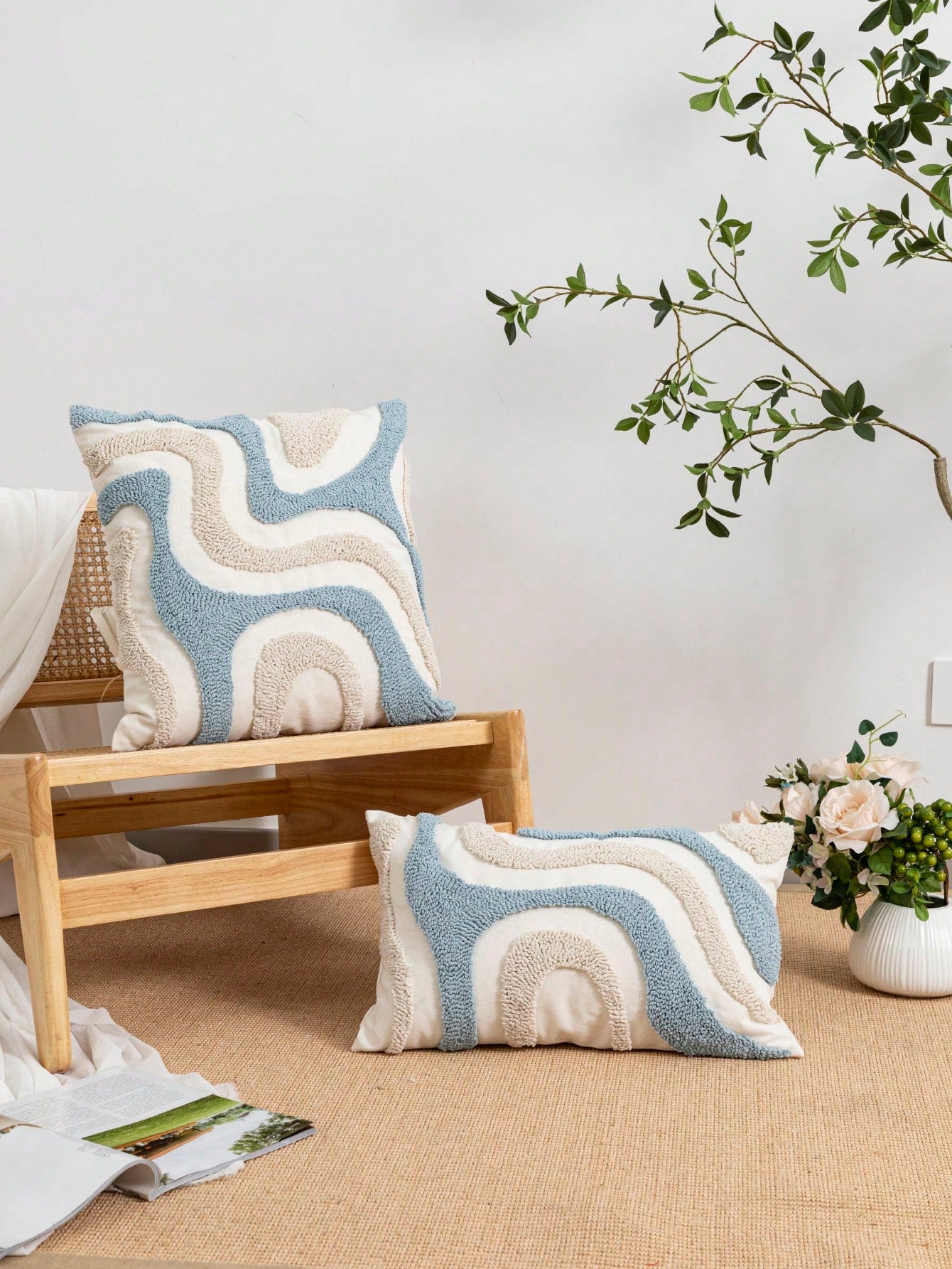 1pc/2pcs Blue & White Geometric Line Flannel Embroidered Pillow Cover, Canvas Fabric, Nordic Style, Living Room, Bedroom, Sofa, Car Waist, Headboard Cushion, Holiday Party Decor, No Pillow Insert, 30*