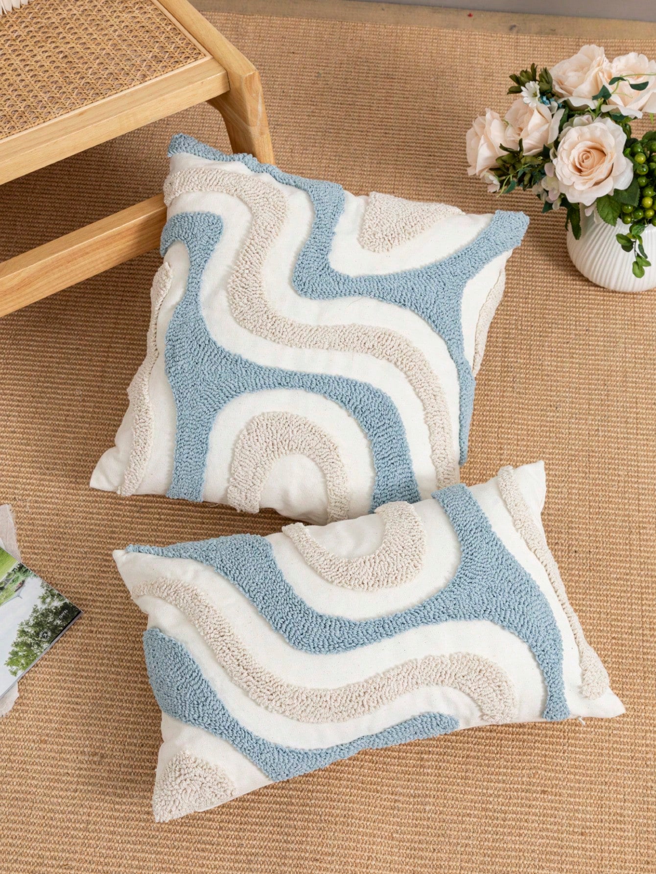 1pc/2pcs Blue & White Geometric Line Flannel Embroidered Pillow Cover, Canvas Fabric, Nordic Style, Living Room, Bedroom, Sofa, Car Waist, Headboard Cushion, Holiday Party Decor, No Pillow Insert, 30*