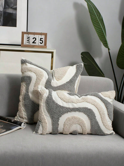 1pc/2pcs Blue & White Geometric Line Flannel Embroidered Pillow Cover, Canvas Fabric, Nordic Style, Living Room, Bedroom, Sofa, Car Waist, Headboard Cushion, Holiday Party Decor, No Pillow Insert, 30*