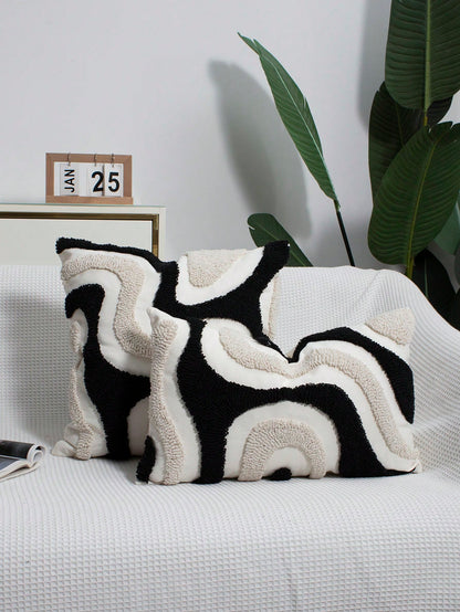 1pc/2pcs Blue & White Geometric Line Flannel Embroidered Pillow Cover, Canvas Fabric, Nordic Style, Living Room, Bedroom, Sofa, Car Waist, Headboard Cushion, Holiday Party Decor, No Pillow Insert, 30*