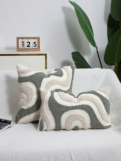1pc/2pcs Blue & White Geometric Line Flannel Embroidered Pillow Cover, Canvas Fabric, Nordic Style, Living Room, Bedroom, Sofa, Car Waist, Headboard Cushion, Holiday Party Decor, No Pillow Insert, 30*