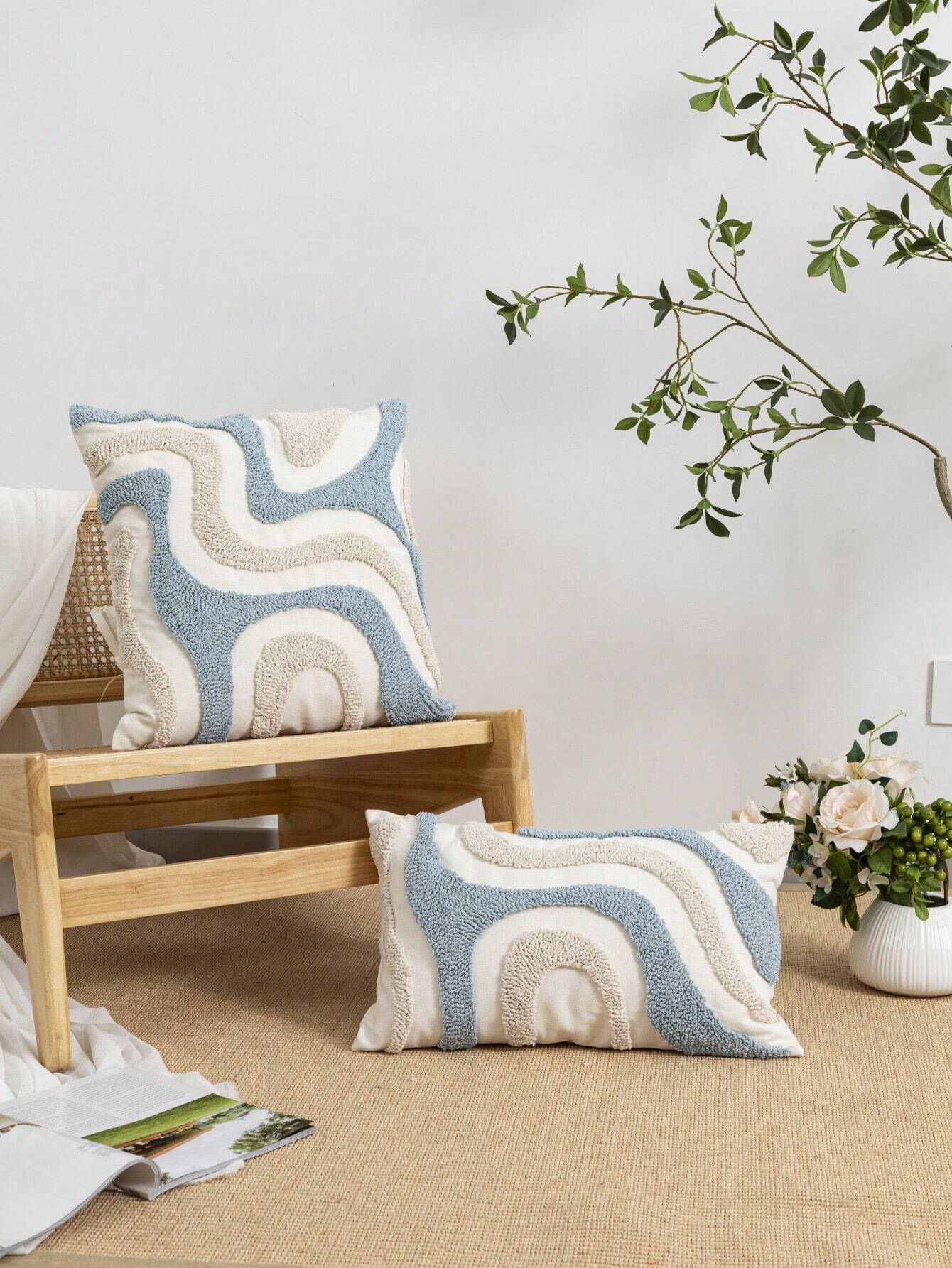1pc/2pcs Blue & White Geometric Line Flannel Embroidered Pillow Cover, Canvas Fabric, Nordic Style, Living Room, Bedroom, Sofa, Car Waist, Headboard Cushion, Holiday Party Decor, No Pillow Insert, 30*