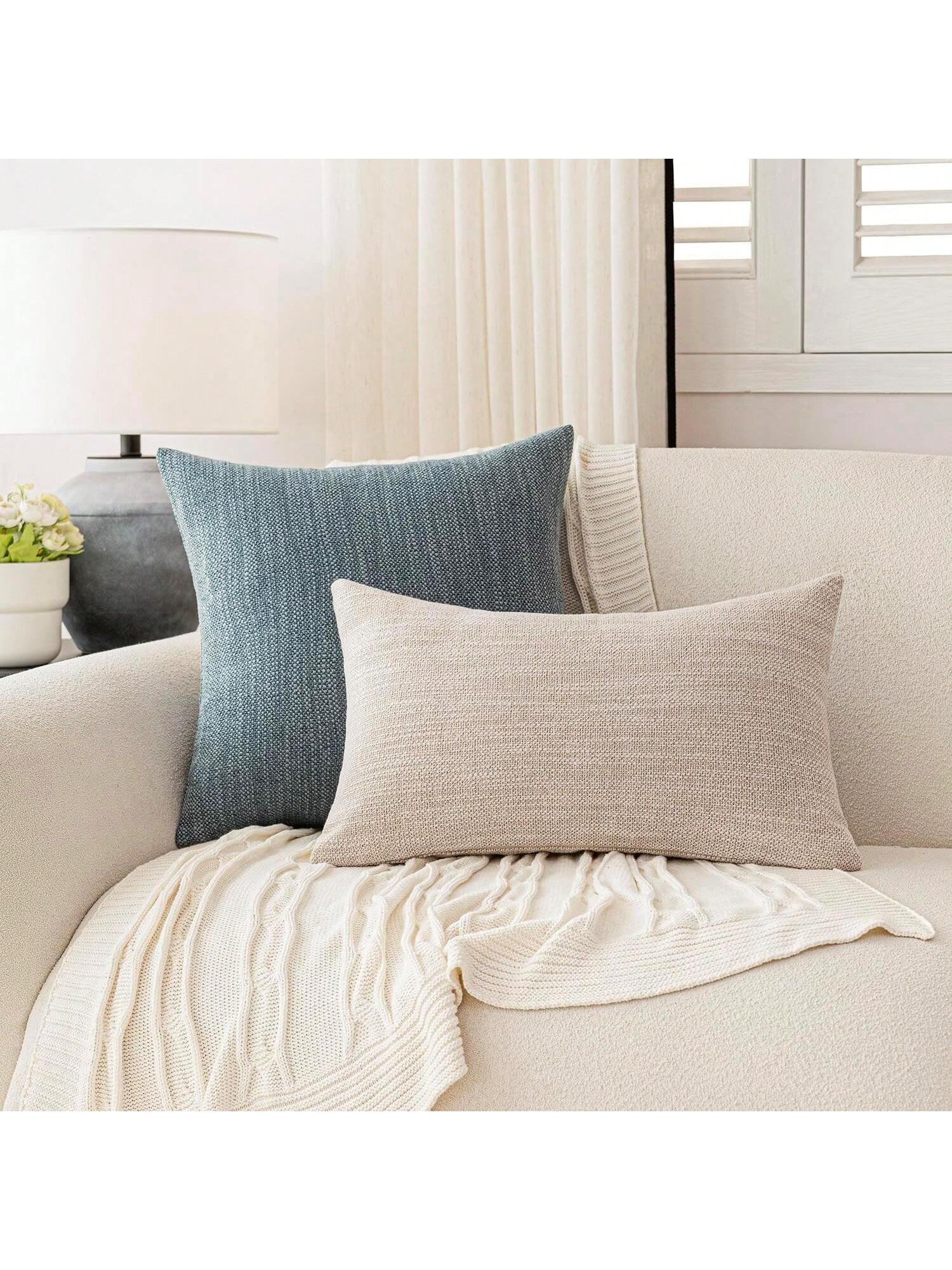 1pc/2pcs Grey-Blue Luxury Pillowcase, Bohemian Style Decorative Textured Coarse Linen Fabric, Rugged Linen Craftsmanship, Suitable For Sofa, Living Room, Bedroom, Floor, Bench, Car, Office, Cafe And O