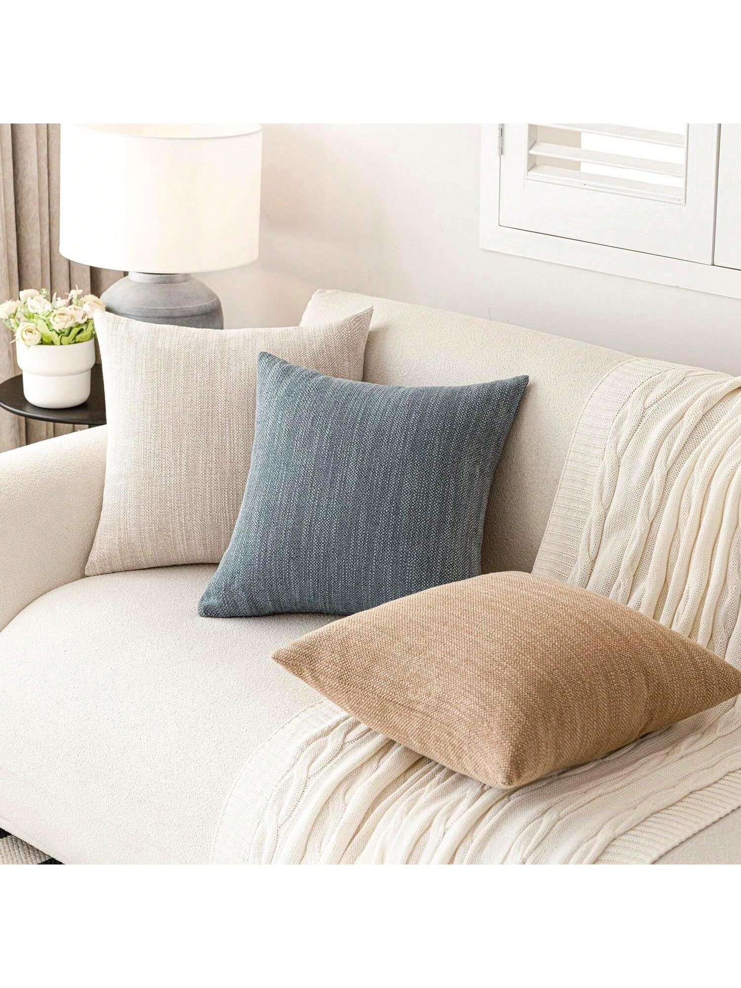 1pc/2pcs Grey-Blue Luxury Pillowcase, Bohemian Style Decorative Textured Coarse Linen Fabric, Rugged Linen Craftsmanship, Suitable For Sofa, Living Room, Bedroom, Floor, Bench, Car, Office, Cafe And O