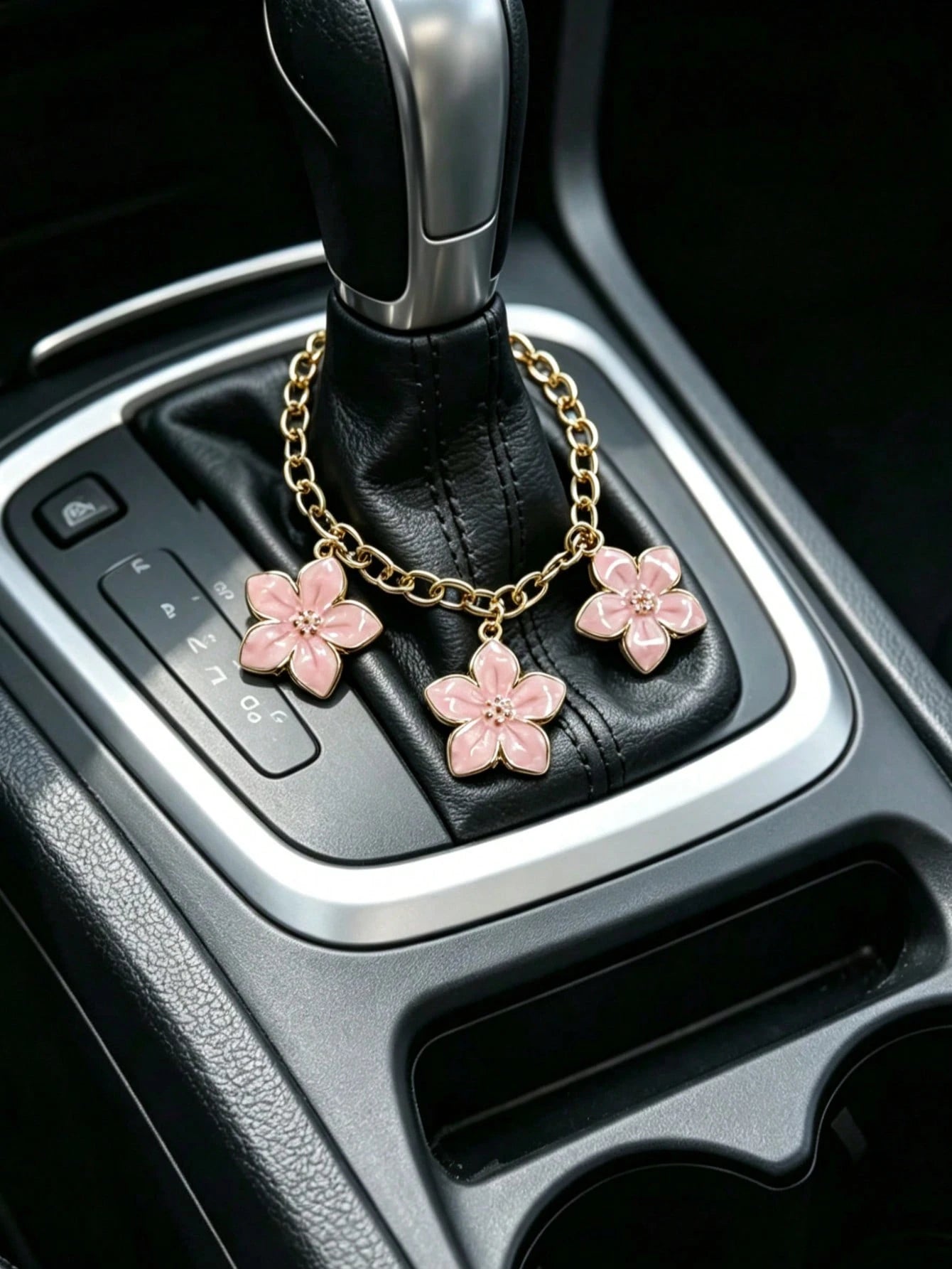 1pc Alloy Cherry Blossom Gold Chain Car Gear Shift Decoration, Car Hanging Ornament