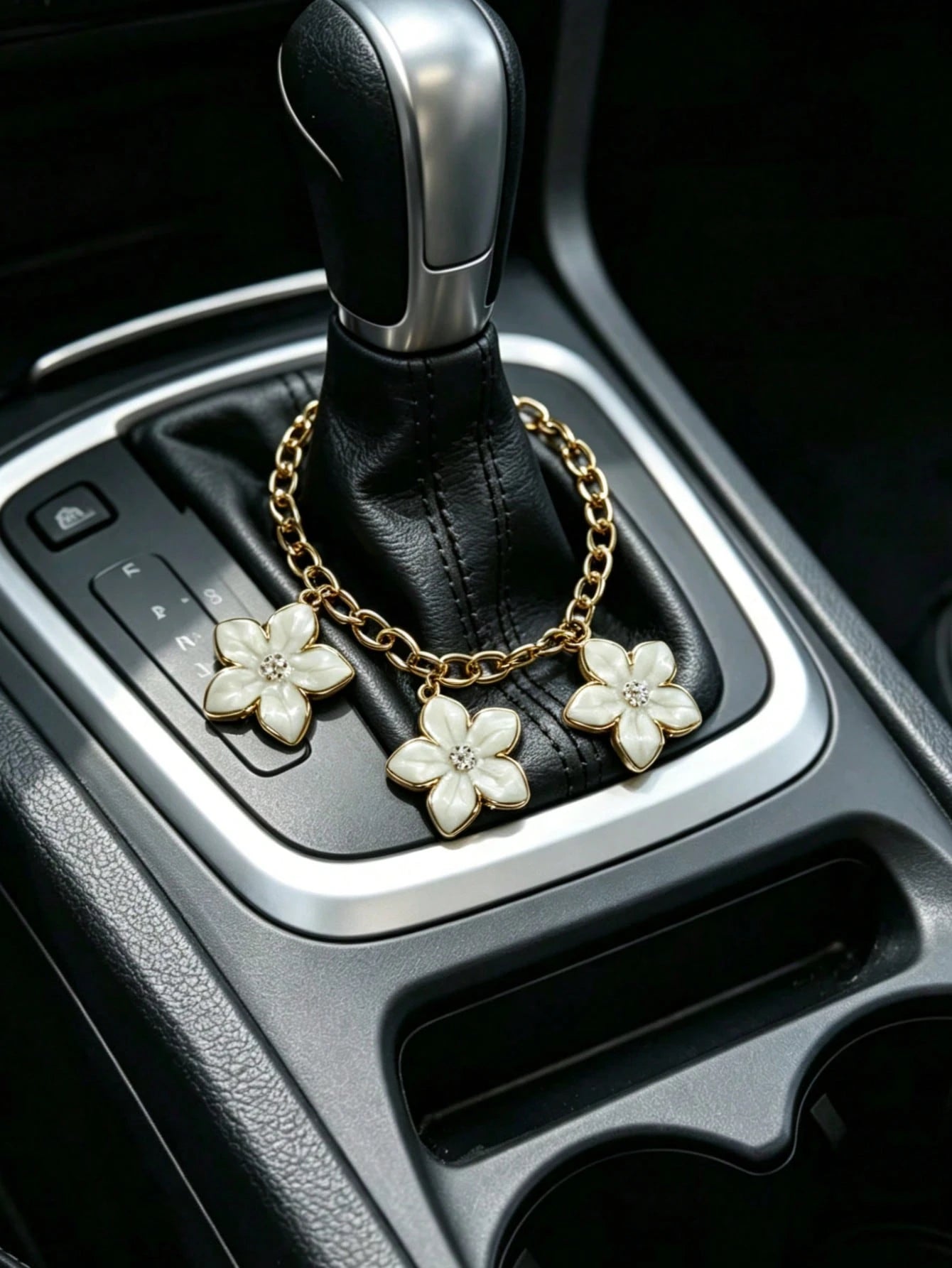 1pc Alloy Cherry Blossom Gold Chain Car Gear Shift Decoration, Car Hanging Ornament