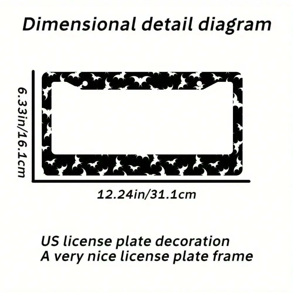 1pc, Aluminum License Plate Cover, Dense Bat Design- Black And White Metal Frame, Suitable For Cars, Suitable For American Vehicles, Scratch-Resistant, Includes Screw Cover, Vehicle Decoration Acces