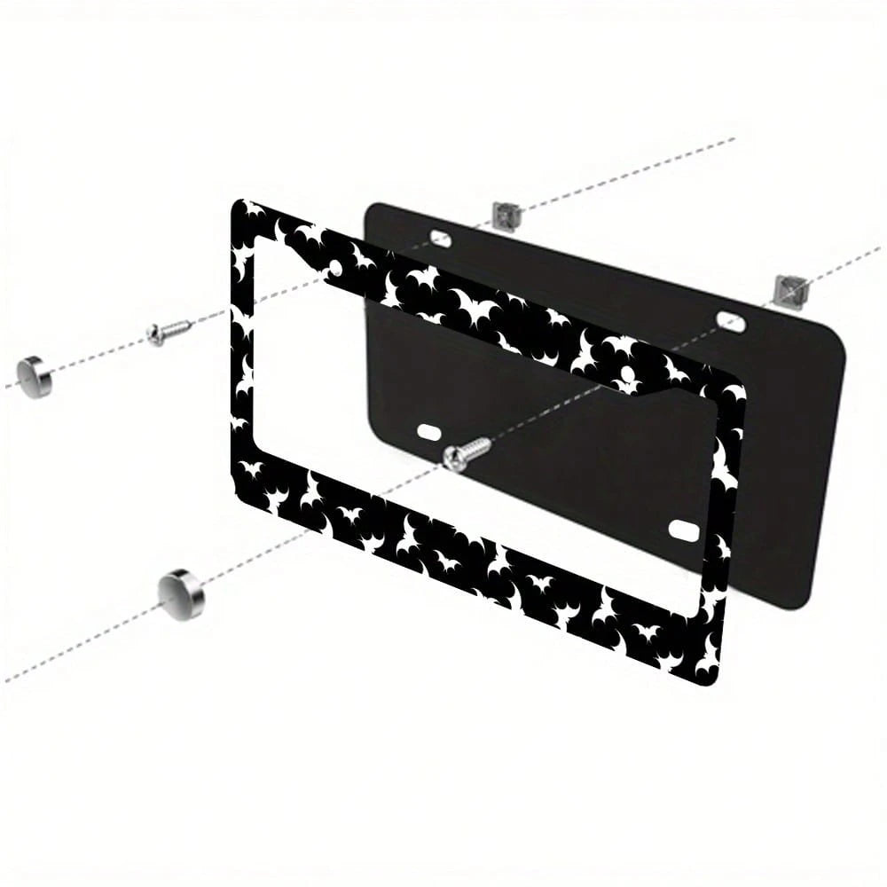 1pc, Aluminum License Plate Cover, Dense Bat Design- Black And White Metal Frame, Suitable For Cars, Suitable For American Vehicles, Scratch-Resistant, Includes Screw Cover, Vehicle Decoration Acces