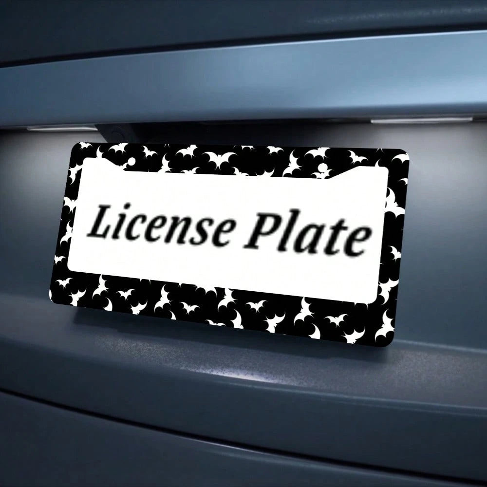 1pc, Aluminum License Plate Cover, Dense Bat Design- Black And White Metal Frame, Suitable For Cars, Suitable For American Vehicles, Scratch-Resistant, Includes Screw Cover, Vehicle Decoration Acces
