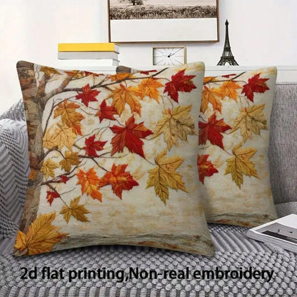 1pc Autumn Maple Leaf Print Decorative Pillow Cover, 2D Flat Printing Embroidery-Like, Modern Maple Leaf Design, 18"X18", Soft Plush, Machine Washable, Zipper Closure, Suitable For Living Room Sofa De