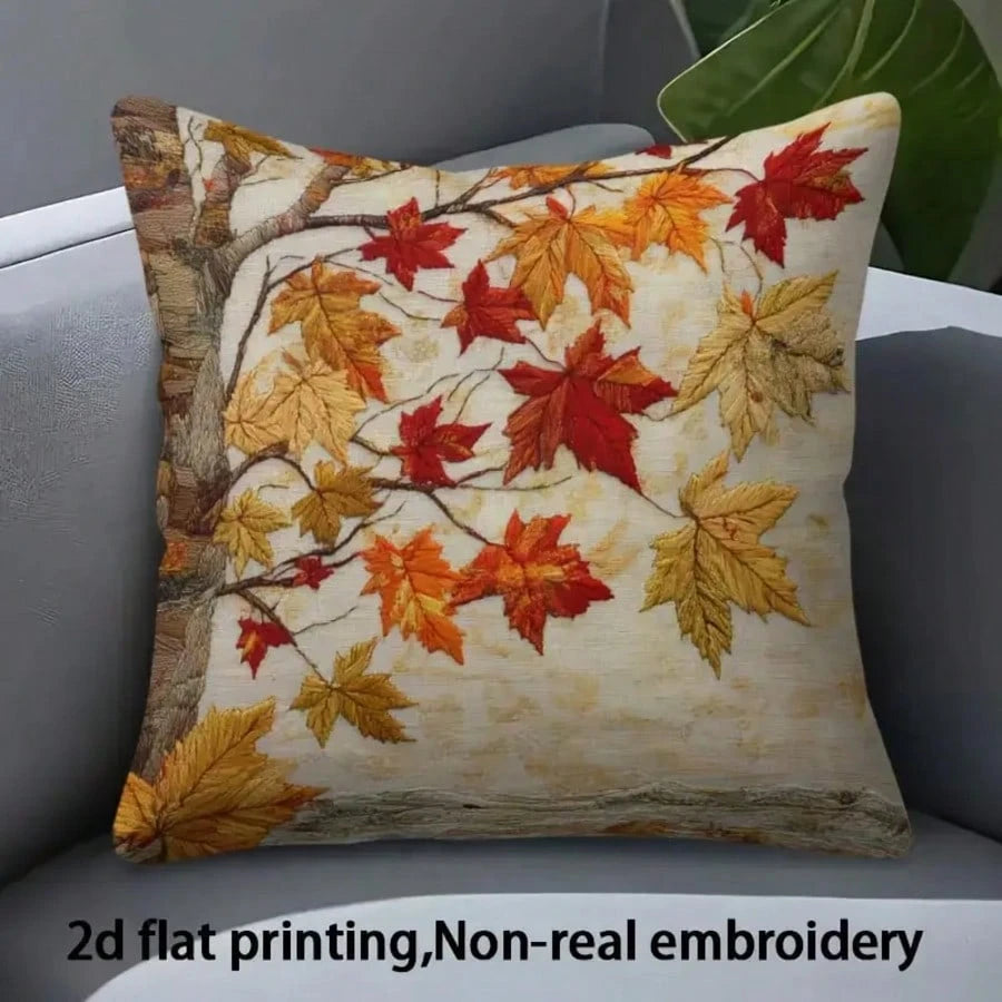 1pc Autumn Maple Leaf Print Decorative Pillow Cover, 2D Flat Printing Embroidery-Like, Modern Maple Leaf Design, 18"X18", Soft Plush, Machine Washable, Zipper Closure, Suitable For Living Room Sofa De