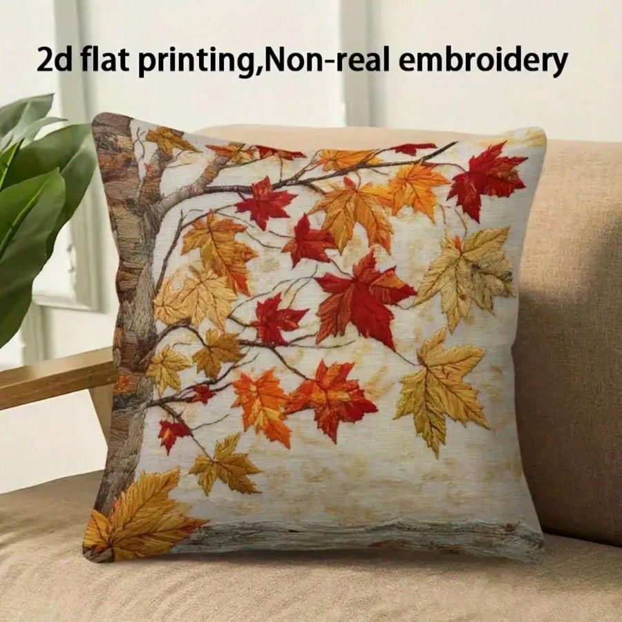 1pc Autumn Maple Leaf Print Decorative Pillow Cover, 2D Flat Printing Embroidery-Like, Modern Maple Leaf Design, 18"X18", Soft Plush, Machine Washable, Zipper Closure, Suitable For Living Room Sofa De