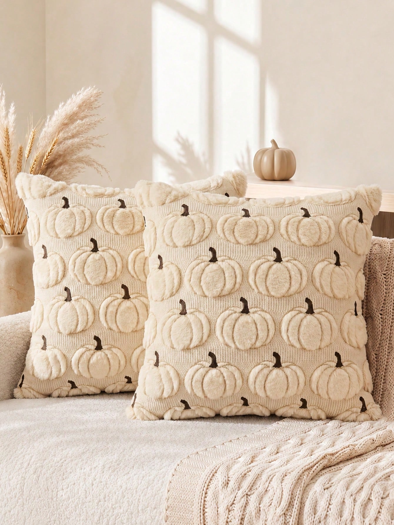 1pc Autumn Pumpkin Pattern Embroidered Decorative Throw Pillow Cover, Halloween Soft Plush Faux Wool Pillowcase, Suitable For Home Sofa, Bedroom, Chair
