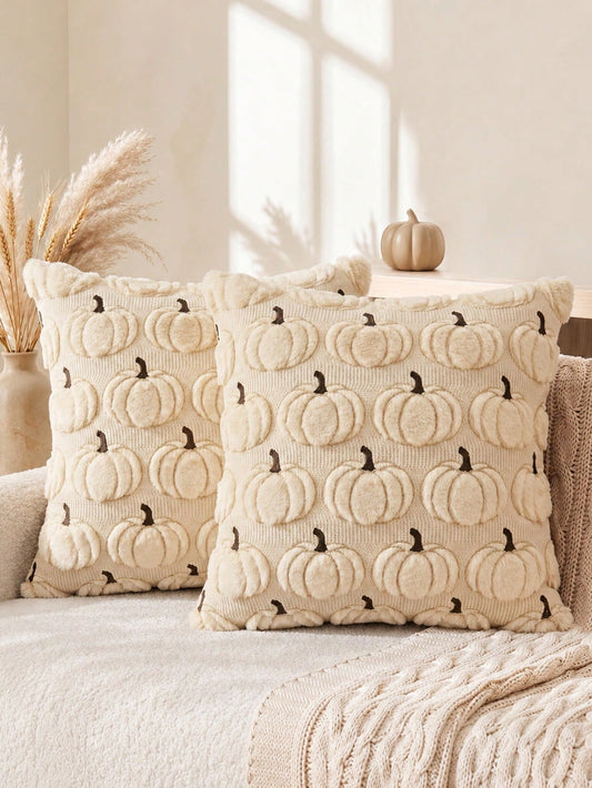 1pc Autumn Pumpkin Pattern Embroidered Decorative Throw Pillow Cover, Halloween Soft Plush Faux Wool Pillowcase, Suitable For Home Sofa, Bedroom, Chair