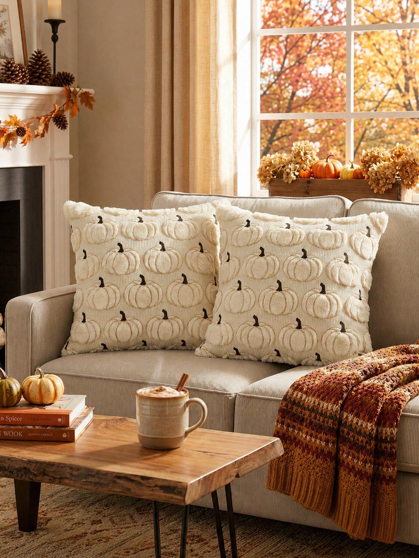 1pc Autumn Pumpkin Pattern Embroidered Decorative Throw Pillow Cover, Halloween Soft Plush Faux Wool Pillowcase, Suitable For Home Sofa, Bedroom, Chair