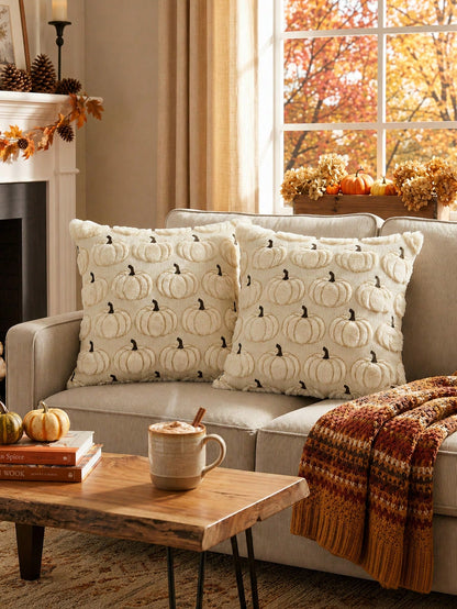 1pc Autumn Pumpkin Pattern Embroidered Decorative Throw Pillow Cover, Halloween Soft Plush Faux Wool Pillowcase, Suitable For Home Sofa, Bedroom, Chair