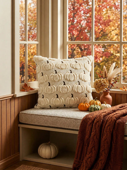 1pc Autumn Pumpkin Pattern Embroidered Decorative Throw Pillow Cover, Halloween Soft Plush Faux Wool Pillowcase, Suitable For Home Sofa, Bedroom, Chair
