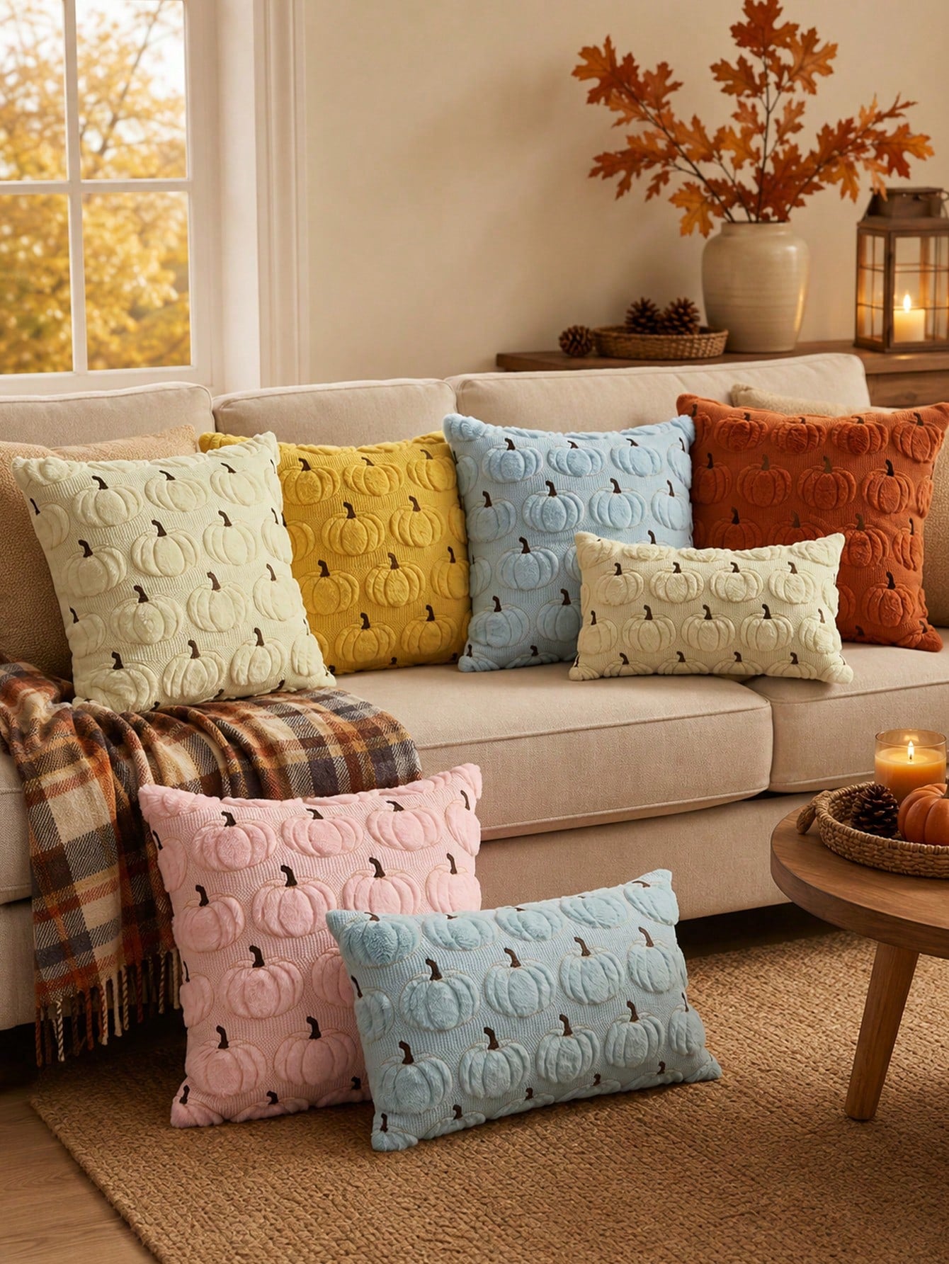 1pc Autumn Pumpkin Pattern Embroidered Decorative Throw Pillow Cover, Halloween Soft Plush Faux Wool Pillowcase, Suitable For Home Sofa, Bedroom, Chair