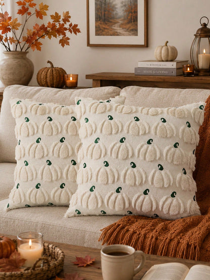 1pc Autumn Pumpkin Pattern Embroidered Decorative Throw Pillow Cover, Halloween Soft Plush Faux Wool Pillowcase, Suitable For Home Sofa, Bedroom, Chair