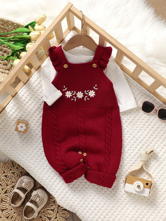 1pc Baby Girl Romper,Dark Red,Autumn,Cute,Matching Family Embroidered Knit Jumpsuit With Ruffled Strap,Long Sleeve Christmas Outfits For Newborn Girl