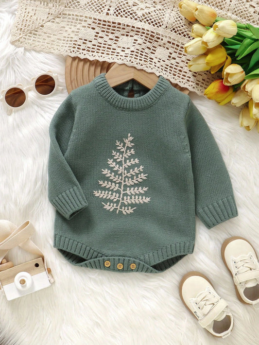 1pc Baby Teal Green Triangle Bodysuit,Cute Holiday Embroidered Round Neck Long Sleeve Autumn Sweater,Matching Family Baby Girl Fall Winter Clothes