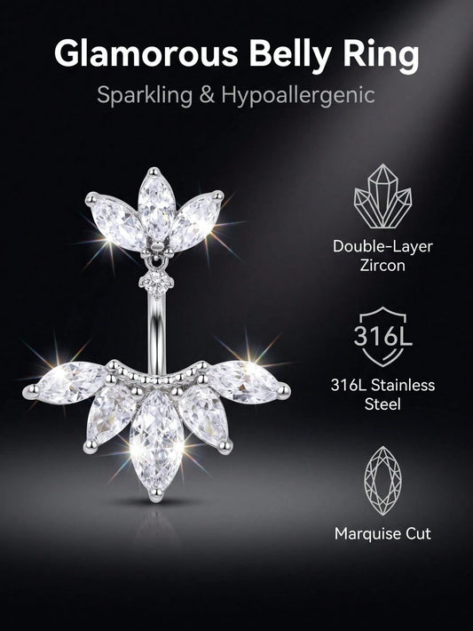 1pc Beautiful Shiny 316 Stainless Steel Navel Ring With Zirconia Cubic Zirconia, Minimalist Premium Luxury Belly Piercing Jewelry For Women