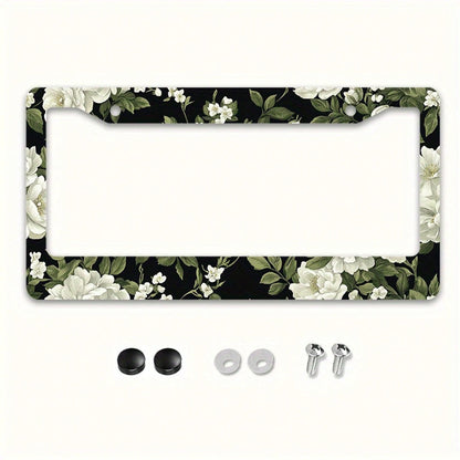 1pc Black White Floral Metal License Plate Frame 12.2x6.3in, With Mount Screws, Fits US & Global Vehicles, Valentine's Day Car Decor,Car Cover,Car Must Haves,Gifts,Car Decor,Car Acessesories>Essential