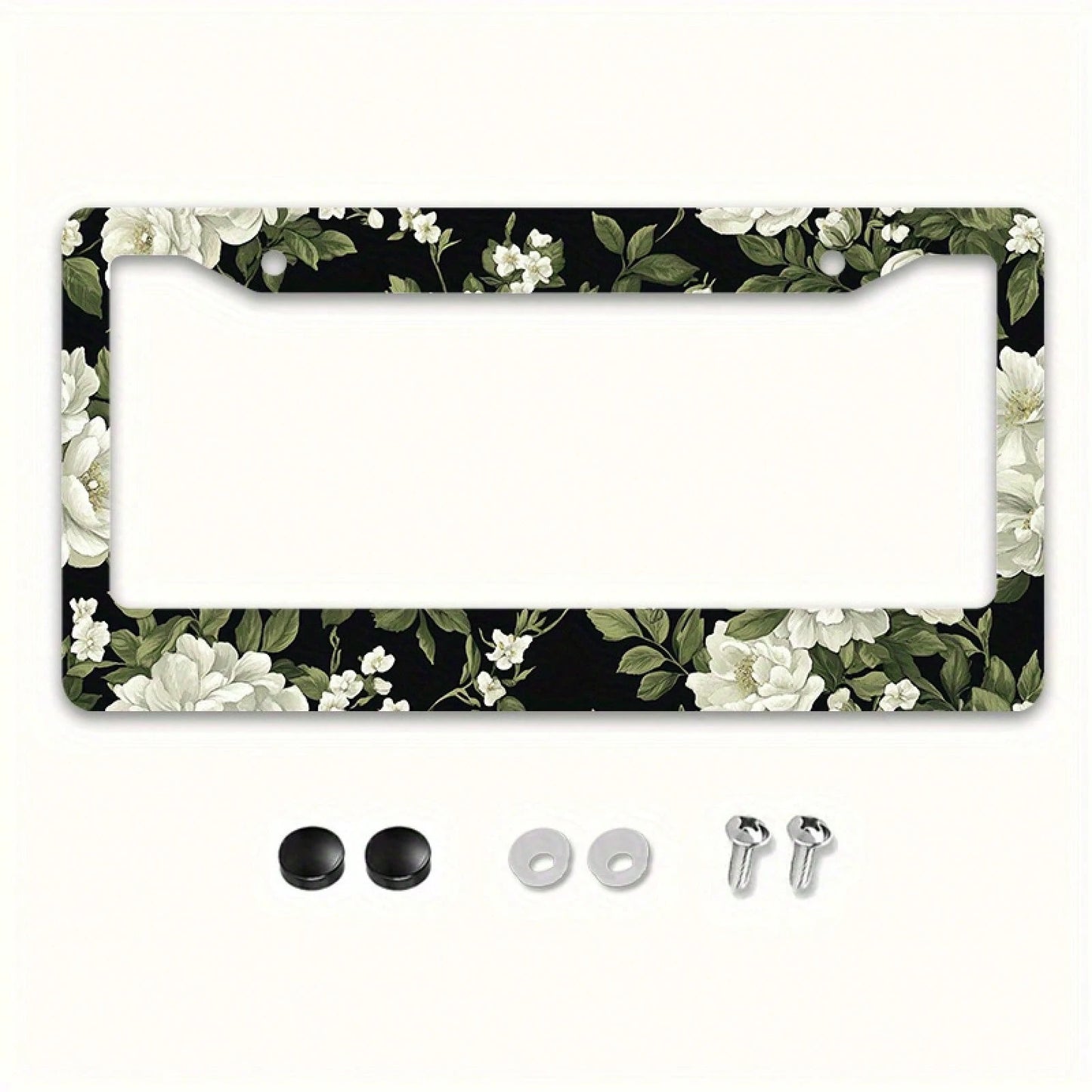 1pc Black White Floral Metal License Plate Frame 12.2x6.3in, With Mount Screws, Fits US & Global Vehicles, Valentine's Day Car Decor,Car Cover,Car Must Haves,Gifts,Car Decor,Car Acessesories>Essential