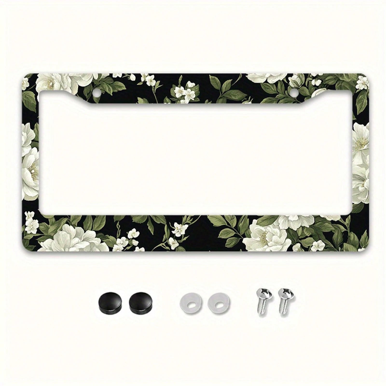 1pc Black White Floral Metal License Plate Frame 12.2x6.3in, With Mount Screws, Fits US & Global Vehicles, Valentine's Day Car Decor,Car Cover,Car Must Haves,Gifts,Car Decor,Car Acessesories>Essential